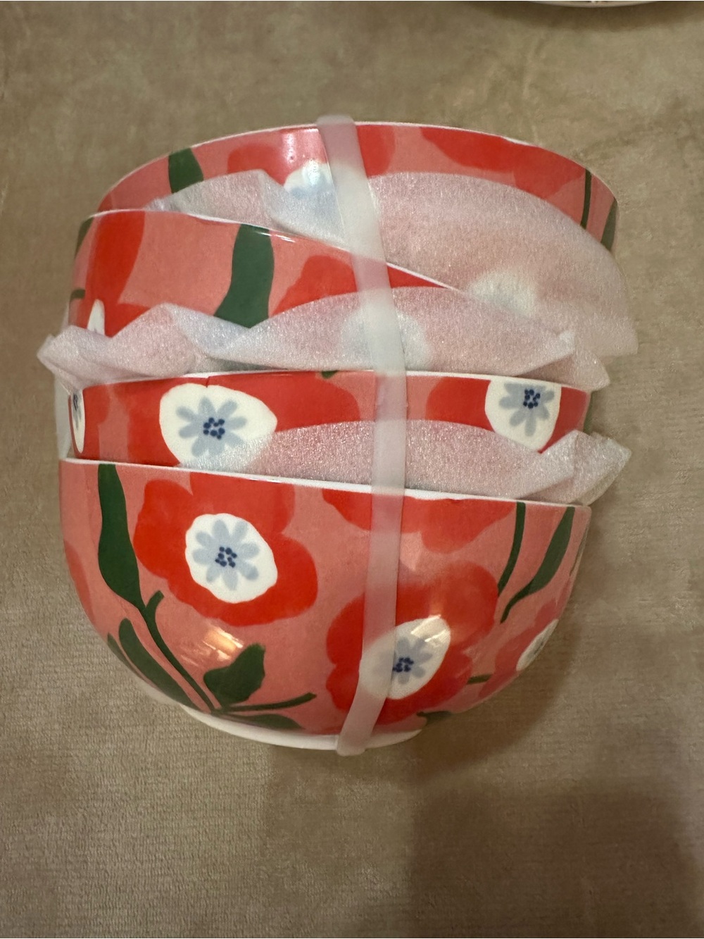 Floral Red Ceramic Serving Bowls - Set of 4